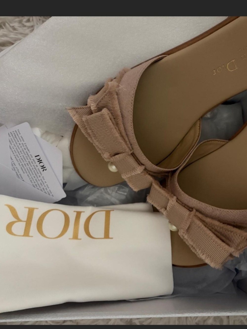 Dior Neutral Pink Grosgrain Bow Pearl Slide Sandals